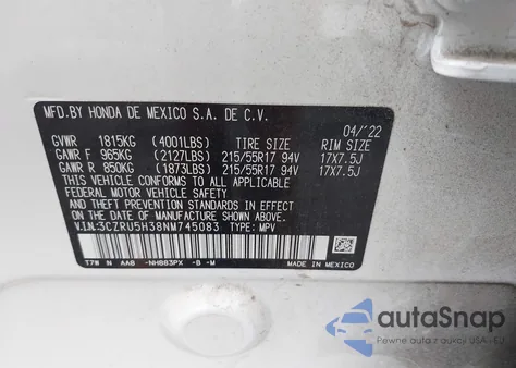 2022 Honda Hr-V 2Wd Lx z USA, uszkodzony, nr VIN 3CZRU5H38NM745083